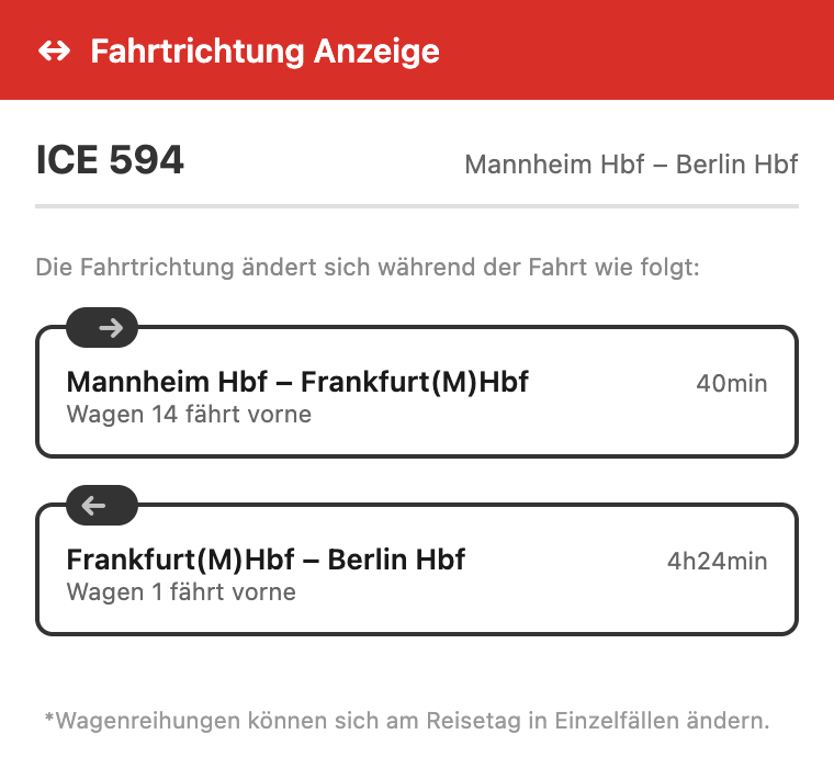 Screenshot der Extension: ICE 500 München–Berlin, Fahrtrichtung pro Streckenabschnitt mit Pfeil und Angabe, welcher Wagen vorne fährt
