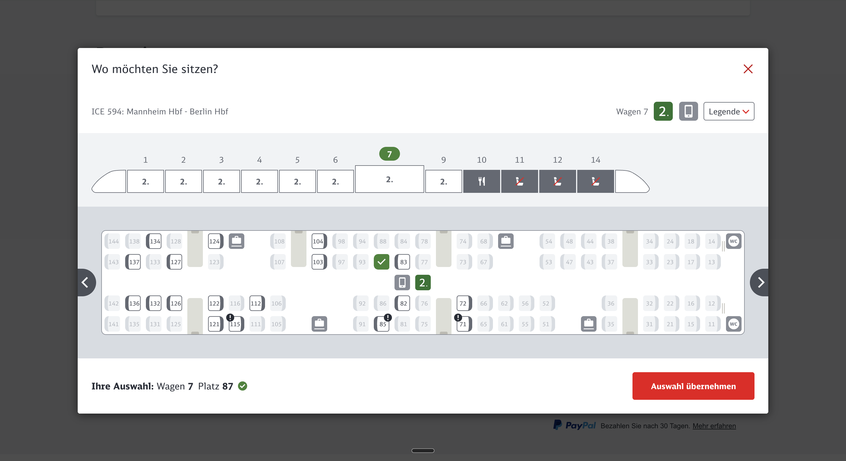 bahn.de Sitzplan-Dialog „Wo möchten Sie sitzen?“