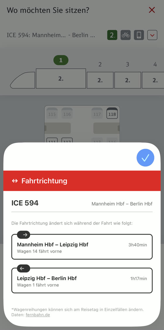 Fahrtrichtung in Safari auf dem iPhone: ICE 594, Fahrtrichtung pro Abschnitt